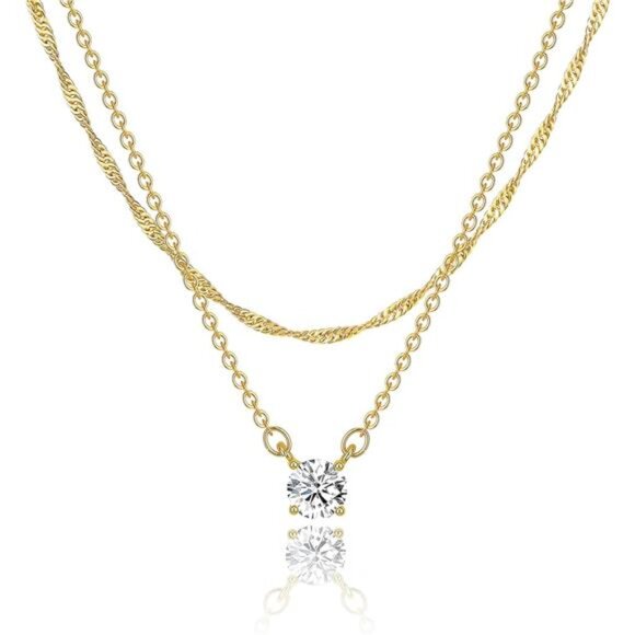 Jewelry - 14K Gold Plated Cubic Zirconia Necklace | Dainty Layered Chain | Elegant
